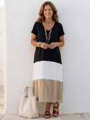 Women's Colour Block Midi – V Neck Short Sleeve Casual Summer Swing Dress