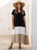 Women's Colour Block Midi – V Neck Short Sleeve Casual Summer Swing Dress