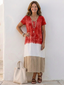 Women's Colour Block Midi – V Neck Short Sleeve Casual Summer Swing Dress