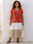 Women's Colour Block Midi – V Neck Short Sleeve Casual Summer Swing Dress