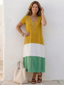 Women's Colour Block Midi – V Neck Short Sleeve Casual Summer Swing Dress