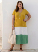 Women's Colour Block Midi – V Neck Short Sleeve Casual Summer Swing Dress