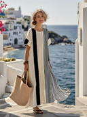 Women's Colour Block Stripe Maxi – Round Neck Short Sleeve Summer Dress