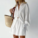 Women's Cotton Shirt and Shorts Set – Long Sleeve Button Down Ruffle Mini Two Piece