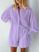 Women's Cotton Shirt and Shorts Set – Long Sleeve Button Down Ruffle Mini Two Piece