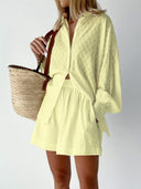 Women's Cotton Shirt and Shorts Set – Long Sleeve Button Down Ruffle Mini Two Piece