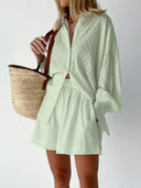 Women's Cotton Shirt and Shorts Set – Long Sleeve Button Down Ruffle Mini Two Piece