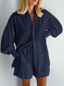 Women's Cotton Shirt and Shorts Set – Long Sleeve Button Down Ruffle Mini Two Piece