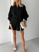 Women's Cotton Shirt and Shorts Set – Long Sleeve Button Down Ruffle Mini Two Piece