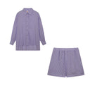 Women's Cotton Shirt and Shorts Set – Long Sleeve Button Down Ruffle Mini Two Piece