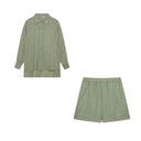 Women's Cotton Shirt and Shorts Set – Long Sleeve Button Down Ruffle Mini Two Piece