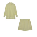 Women's Cotton Shirt and Shorts Set – Long Sleeve Button Down Ruffle Mini Two Piece