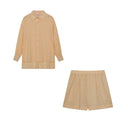 Women's Cotton Shirt and Shorts Set – Long Sleeve Button Down Ruffle Mini Two Piece