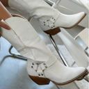 Women's Cow Print Western Boots – Mid Calf Block Heel Pointed Toe Cowboy Boots
