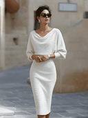 Women's Cowl Neck Midi Dress – Batwing Long Sleeve Ribbed Bodycon Casual