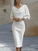 Women's Cowl Neck Midi Dress – Batwing Long Sleeve Ribbed Bodycon Casual