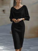 Women's Cowl Neck Midi Dress – Batwing Long Sleeve Ribbed Bodycon Casual