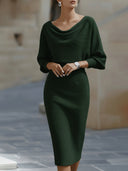Women's Cowl Neck Midi Dress – Batwing Long Sleeve Ribbed Bodycon Casual
