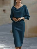 Women's Cowl Neck Midi Dress – Batwing Long Sleeve Ribbed Bodycon Casual