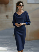 Women's Cowl Neck Midi Dress – Batwing Long Sleeve Ribbed Bodycon Casual