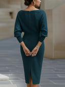 Women's Cowl Neck Midi Dress – Batwing Long Sleeve Ribbed Bodycon Casual