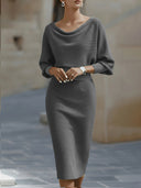 Women's Cowl Neck Midi Dress – Batwing Long Sleeve Ribbed Bodycon Casual