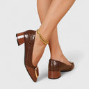 Women's Croc Embossed Block Heel Pump – Square Toe Gold Hardware Office Shoe