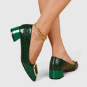 Women's Croc Embossed Block Heel Pump – Square Toe Gold Hardware Office Shoe