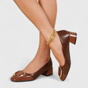 Women's Croc Embossed Block Heel Pump – Square Toe Gold Hardware Office Shoe