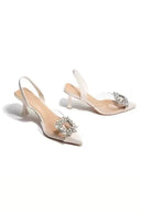 Women's Crystal Brooch Slingback Heels – Clear Strap Pointed Toe Wedding Pump