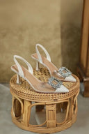 Women's Crystal Brooch Slingback Heels – Clear Strap Pointed Toe Wedding Pump