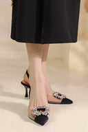 Women's Crystal Brooch Slingback Heels – Clear Strap Pointed Toe Wedding Pump