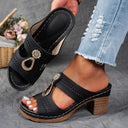 Women's Cutout Block Heel Mule Sandals – Open Toe Slip On Rhinestone Summer
