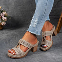 Women's Cutout Block Heel Mule Sandals – Open Toe Slip On Rhinestone Summer