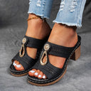 Women's Cutout Block Heel Mule Sandals – Open Toe Slip On Rhinestone Summer