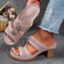 Women's Cutout Block Heel Mule Sandals – Open Toe Slip On Rhinestone Summer