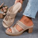 Women's Cutout Block Heel Mule Sandals – Open Toe Slip On Rhinestone Summer
