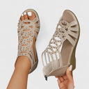 Women's Cutout Caged Sandals – Open Toe Crystal Stud Upper Zip Back Wedge Sandals