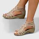 Women's Cutout Caged Sandals – Open Toe Crystal Stud Upper Zip Back Wedge Sandals