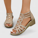 Women's Cutout Caged Sandals – Open Toe Crystal Stud Upper Zip Back Wedge Sandals
