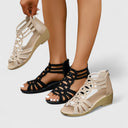 Women's Cutout Caged Sandals – Open Toe Crystal Stud Upper Zip Back Wedge Sandals