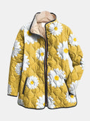 Women's Daisy Floral Quilted Jacket – Stand Collar Contrast Trim Snap Button