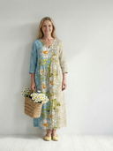 Women's Daisy Print Maxi – V Neck 3/4 Sleeve Colour Block Panel Gathered Waist Dress