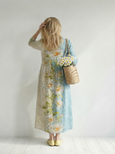 Women's Daisy Print Maxi – V Neck 3/4 Sleeve Colour Block Panel Gathered Waist Dress