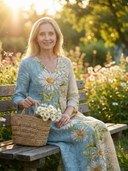 Women's Daisy Print Maxi – V Neck 3/4 Sleeve Colour Block Panel Gathered Waist Dress