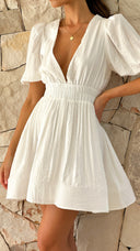 Women's Deep V Neck Mini Dress – Puff Sleeve Smocked Waist Skater Summer