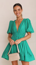 Women's Deep V Neck Mini Dress – Puff Sleeve Smocked Waist Skater Summer