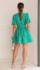 Women's Deep V Neck Mini Dress – Puff Sleeve Smocked Waist Skater Summer