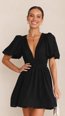 Women's Deep V Neck Mini Dress – Puff Sleeve Smocked Waist Skater Summer