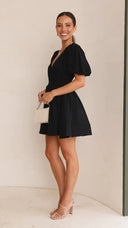 Women's Deep V Neck Mini Dress – Puff Sleeve Smocked Waist Skater Summer